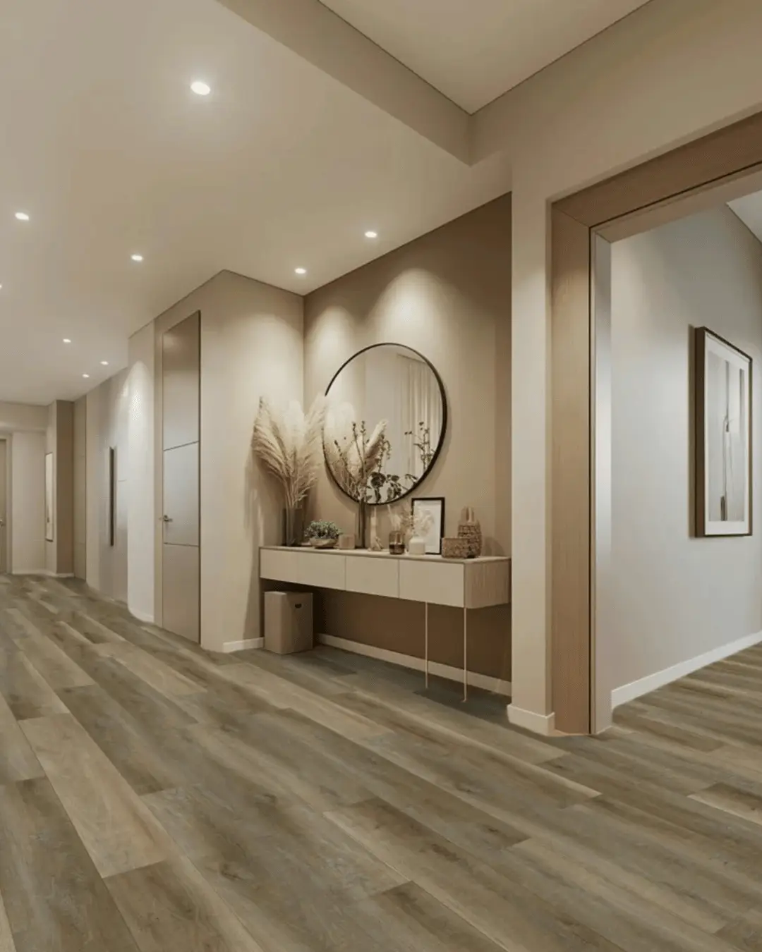 Contemporary entry hallway with wide-plank engineered hardwood flooring