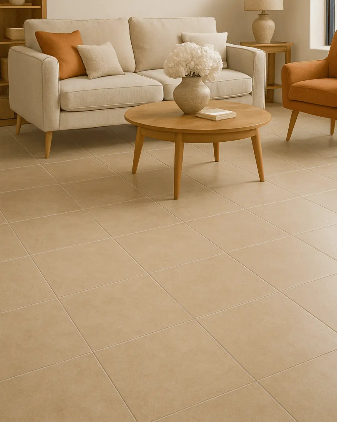 Large-format tile flooring in a Phoenix metro living room