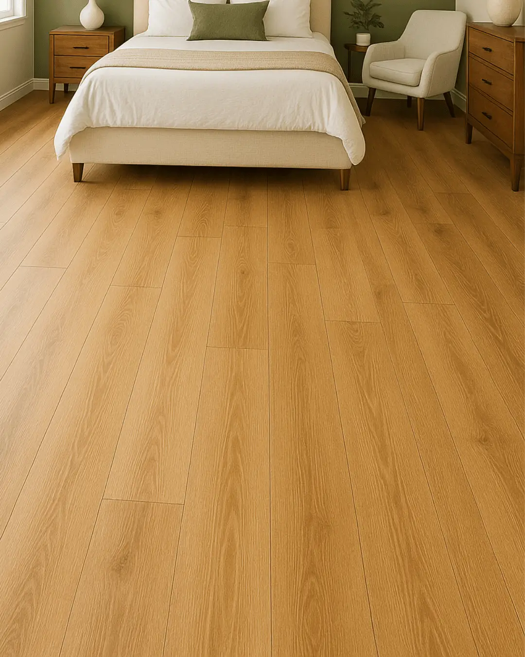 White oak engineered hardwood plank flooring in a bedroom