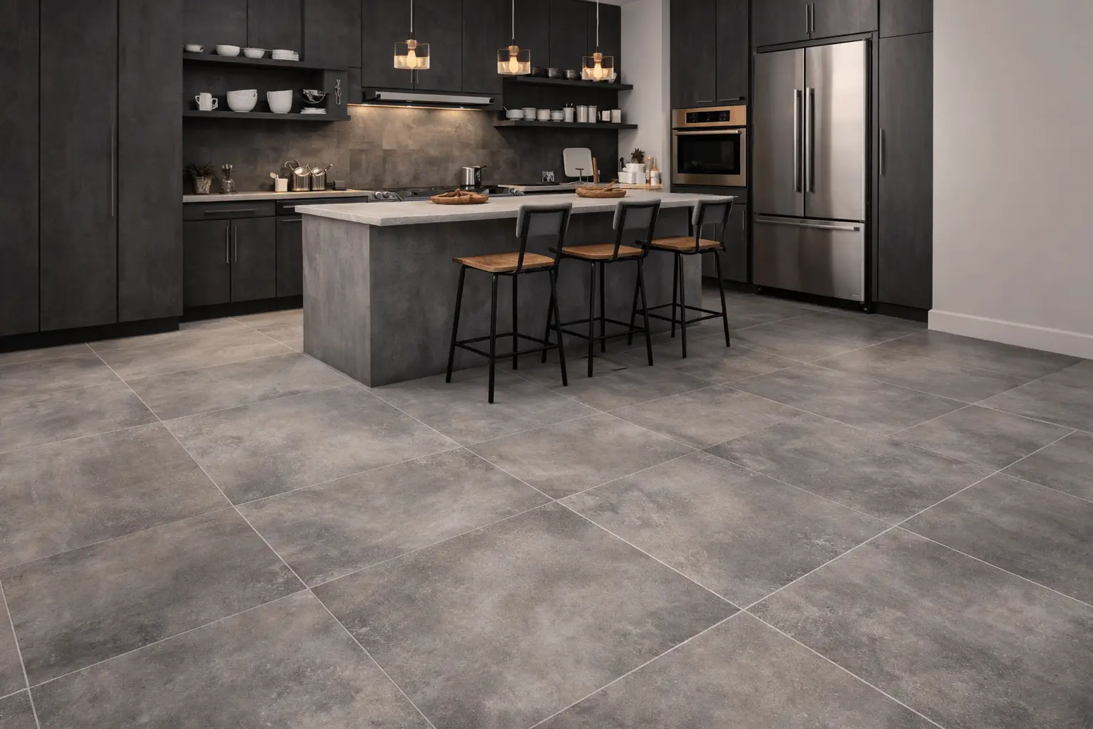 Modern kitchen with concrete-look tile flooring in a Phoenix metro home