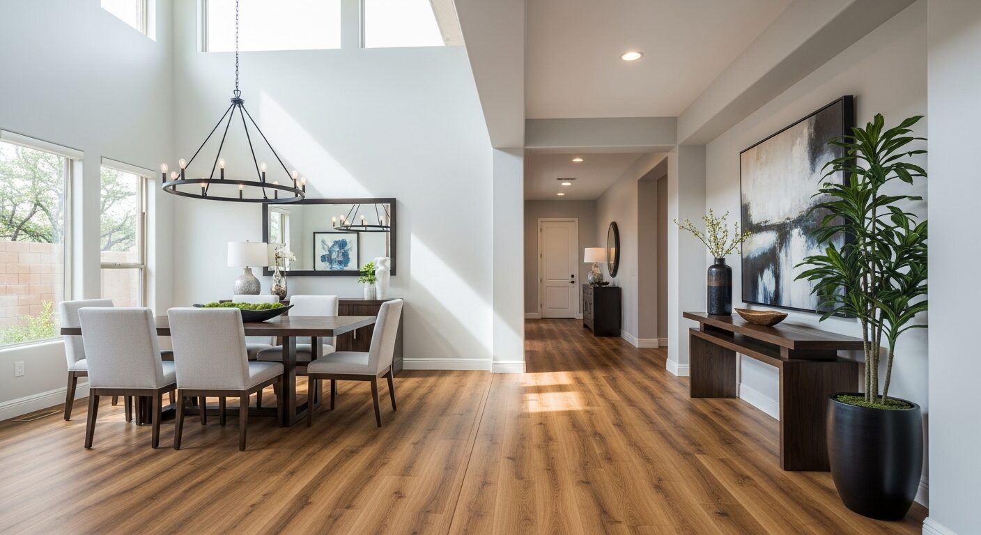 Arizona home dining room and hallway with warm laminate flooring — Floor Daddy