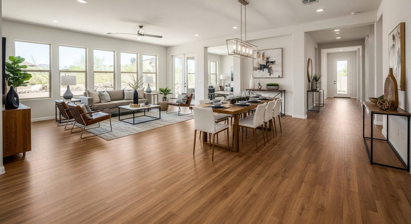 Open-plan Arizona home with laminate flooring flowing through living room, dining room, and hallway — Floor Daddy