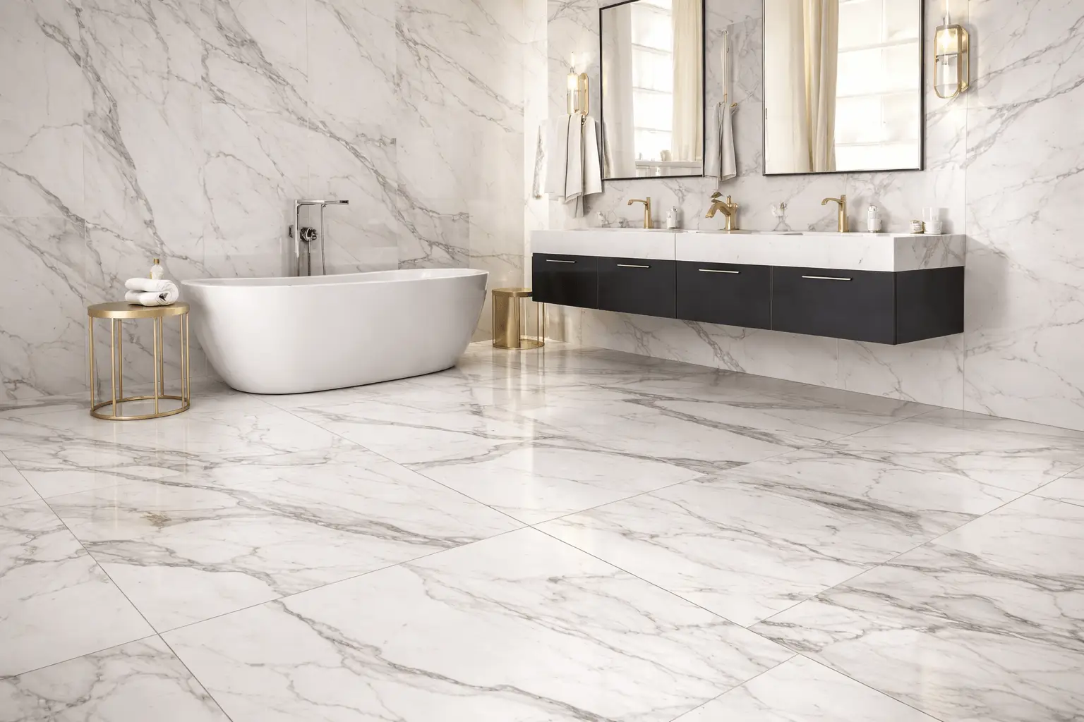 Bathroom with marble-look tile flooring