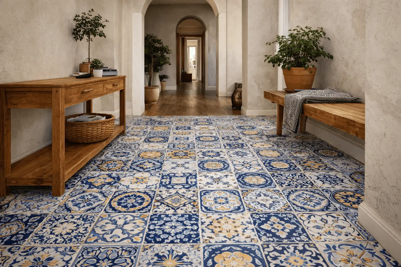 Entryway with patterned tile flooring