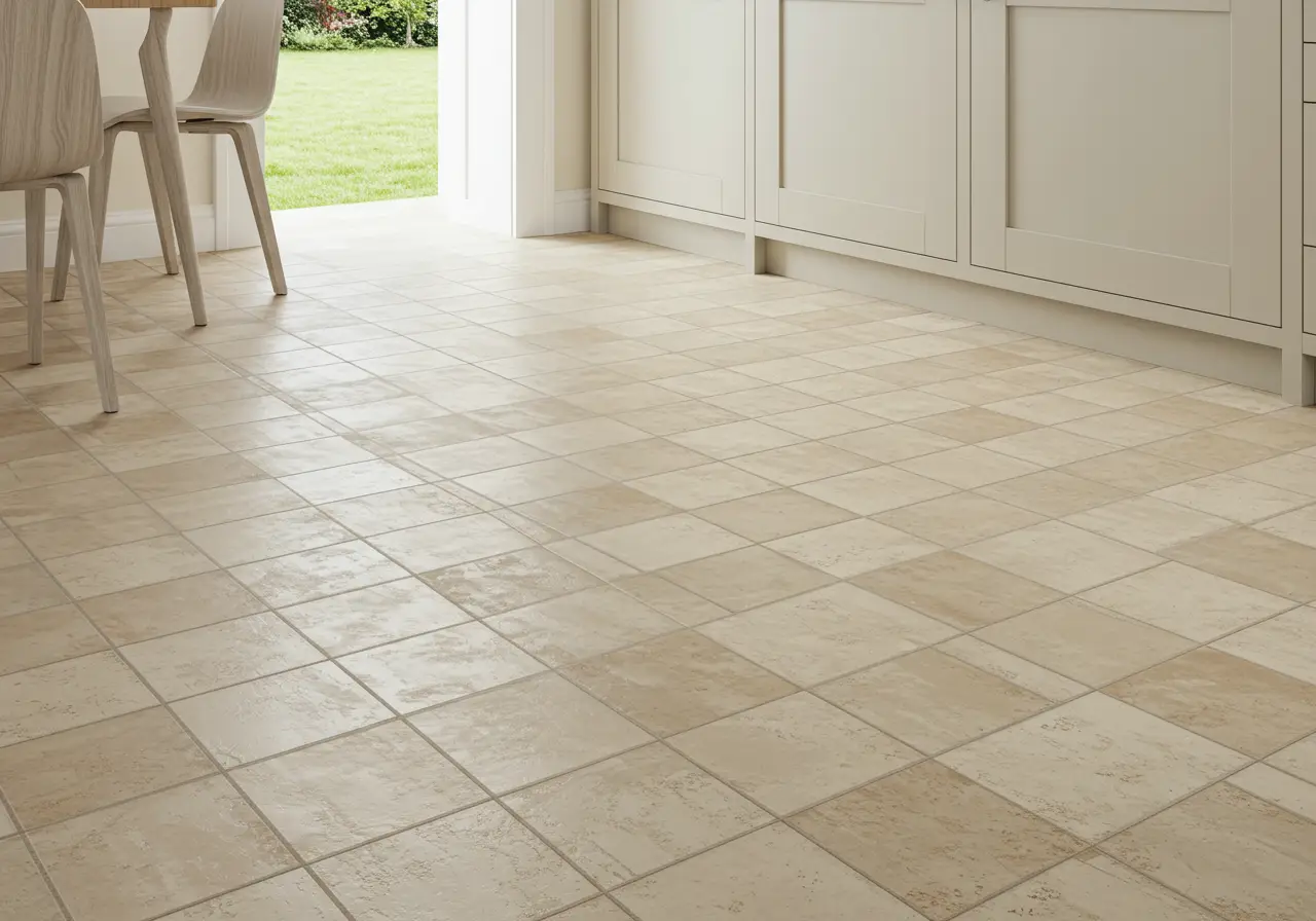Finished tile flooring with clean transitions and baseboards
