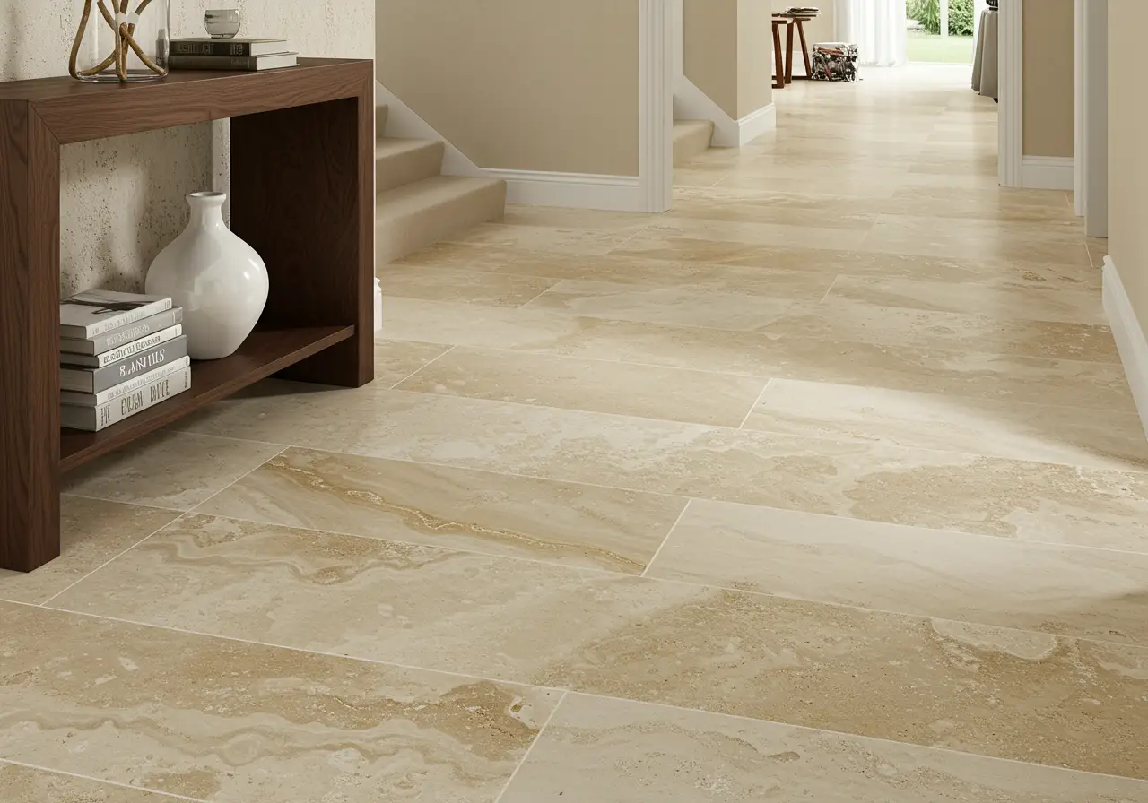 Travertine natural stone tile in a hallway