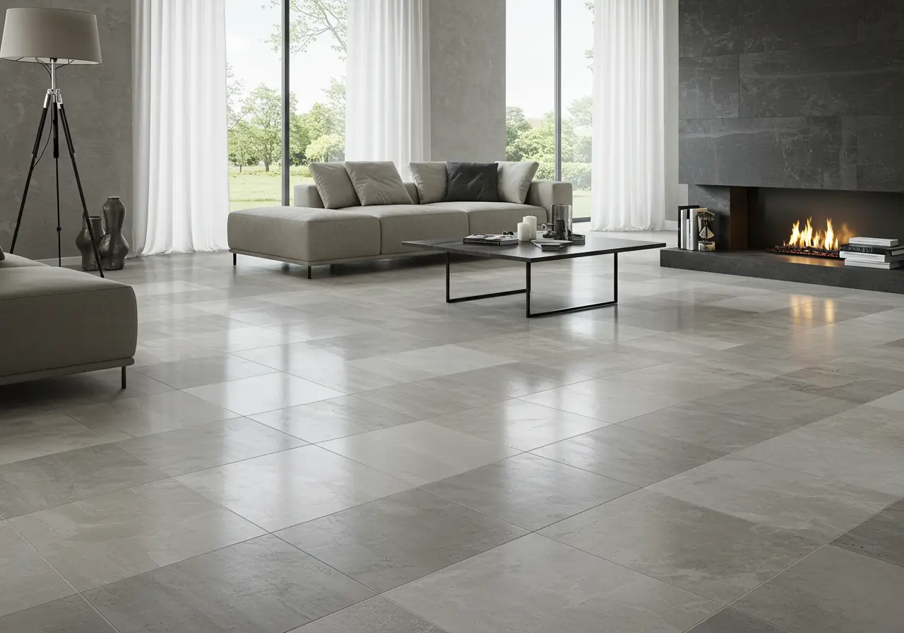 Gray porcelain tile flooring in a modern living room