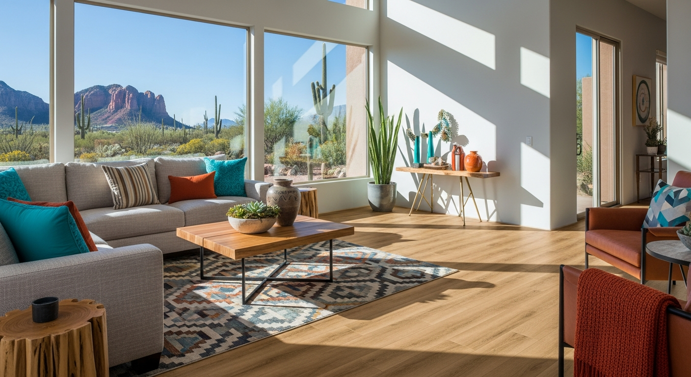 Beautiful Arizona living room with luxury vinyl plank SPC flooring in warm oak tones and large desert-view windows