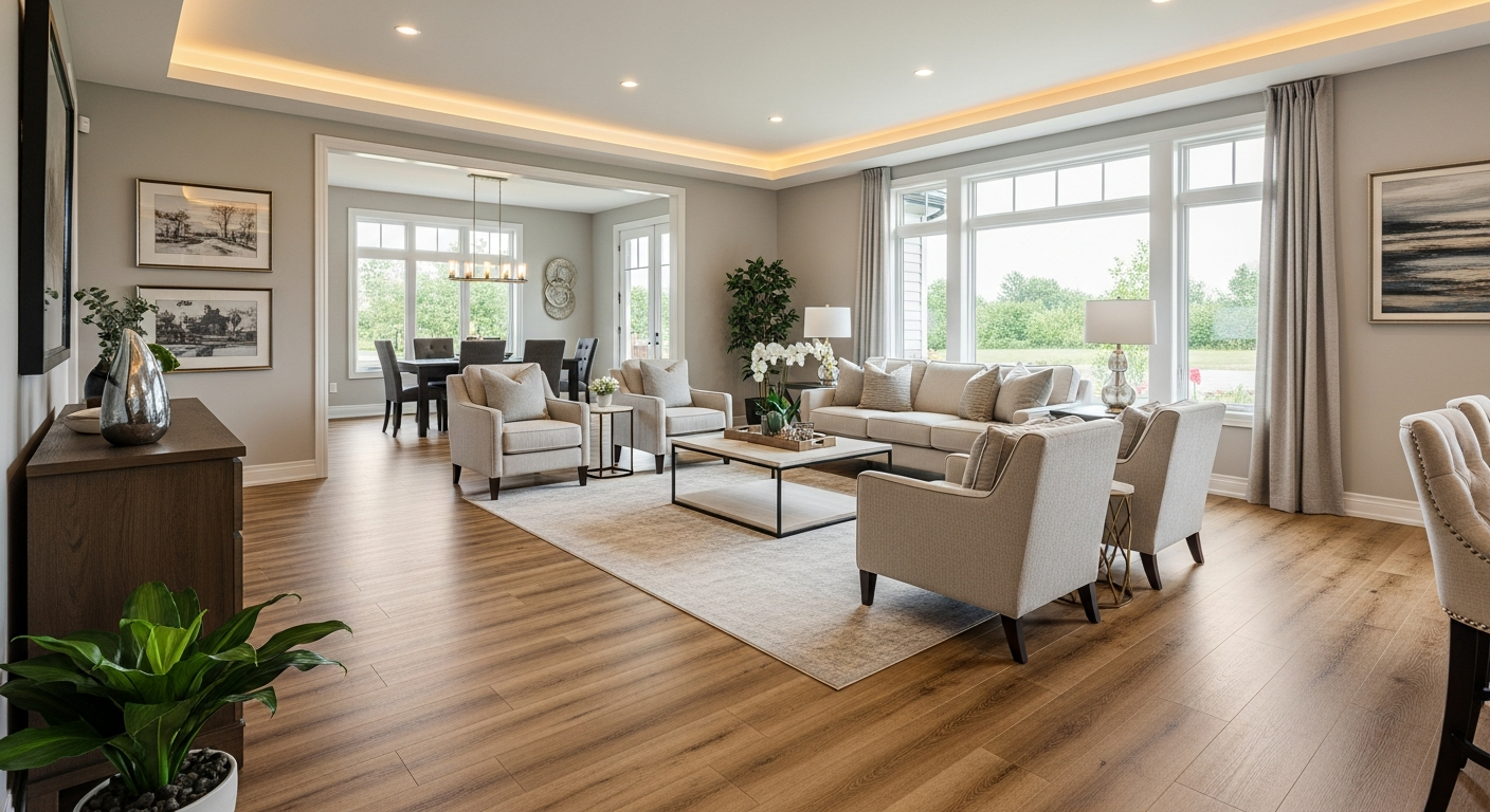 Wide angle beauty shot of a stunning open-plan home with luxury vinyl plank flooring throughout