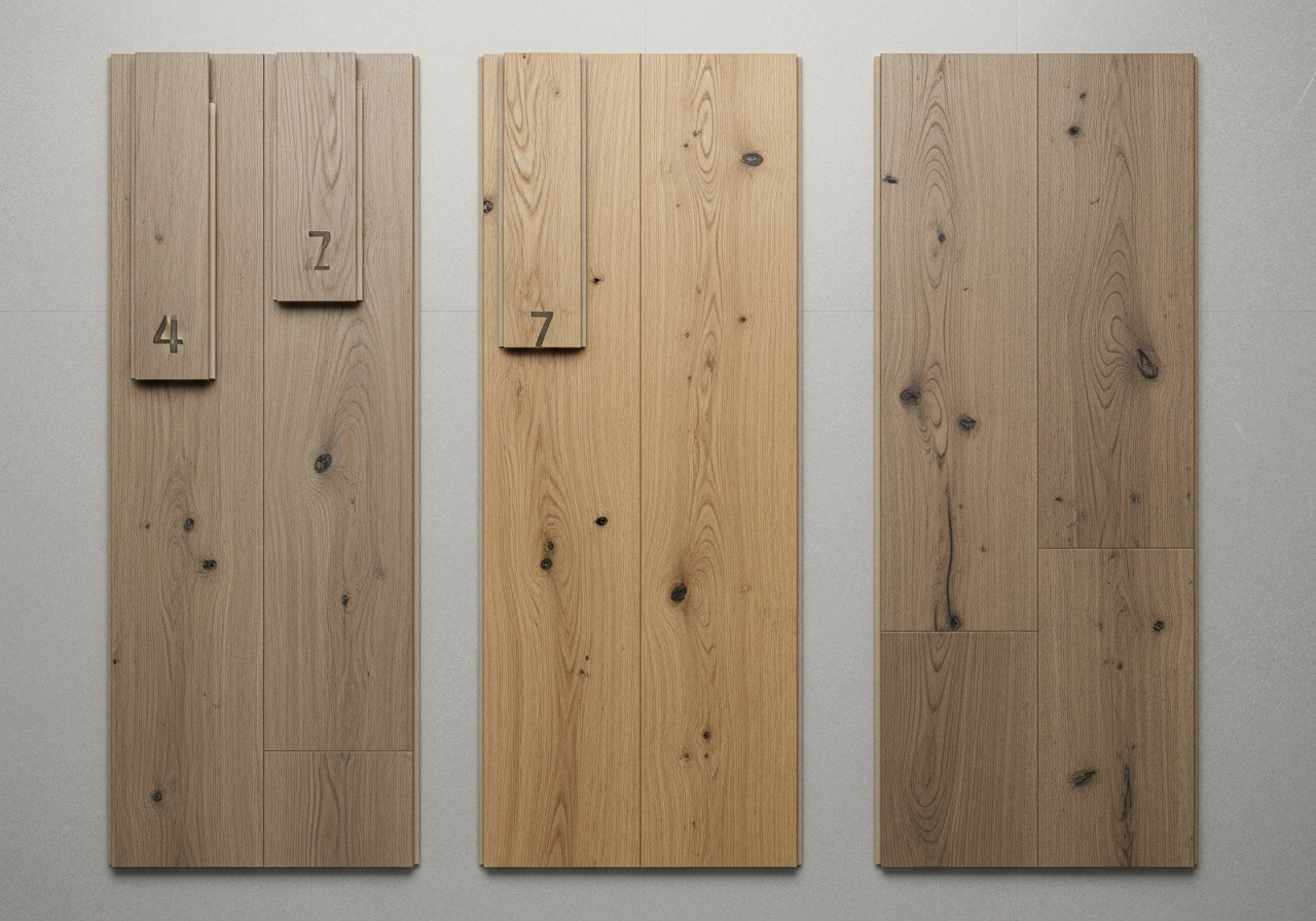 Side by side comparison of narrow, standard, and wide vinyl plank flooring widths showing visual differences