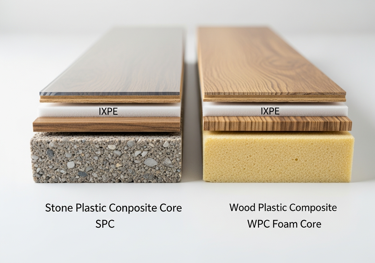 Cross-section comparison of SPC rigid limestone core versus WPC foam composite core vinyl plank flooring