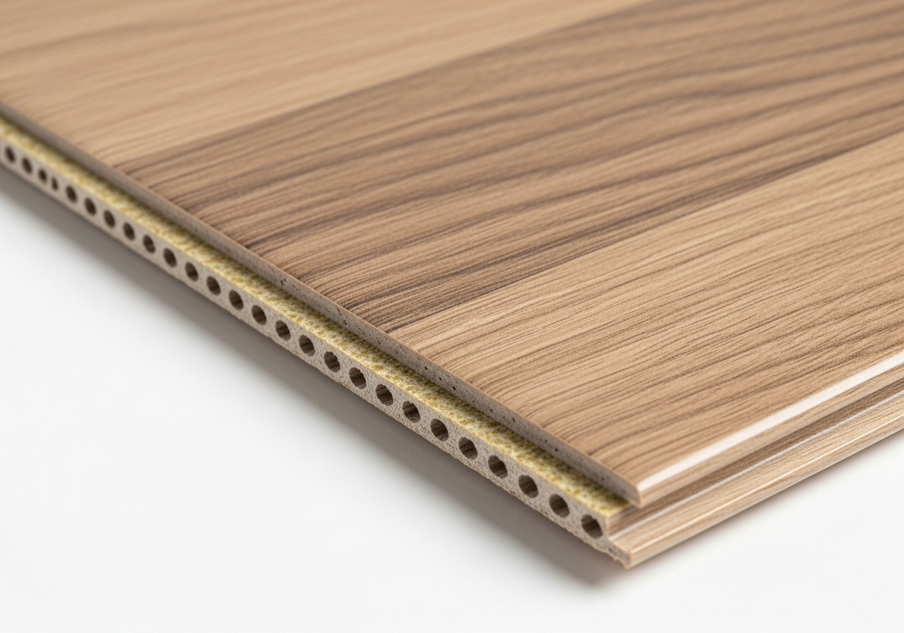 Luxury vinyl plank LVP flooring close-up showing multi-layer construction