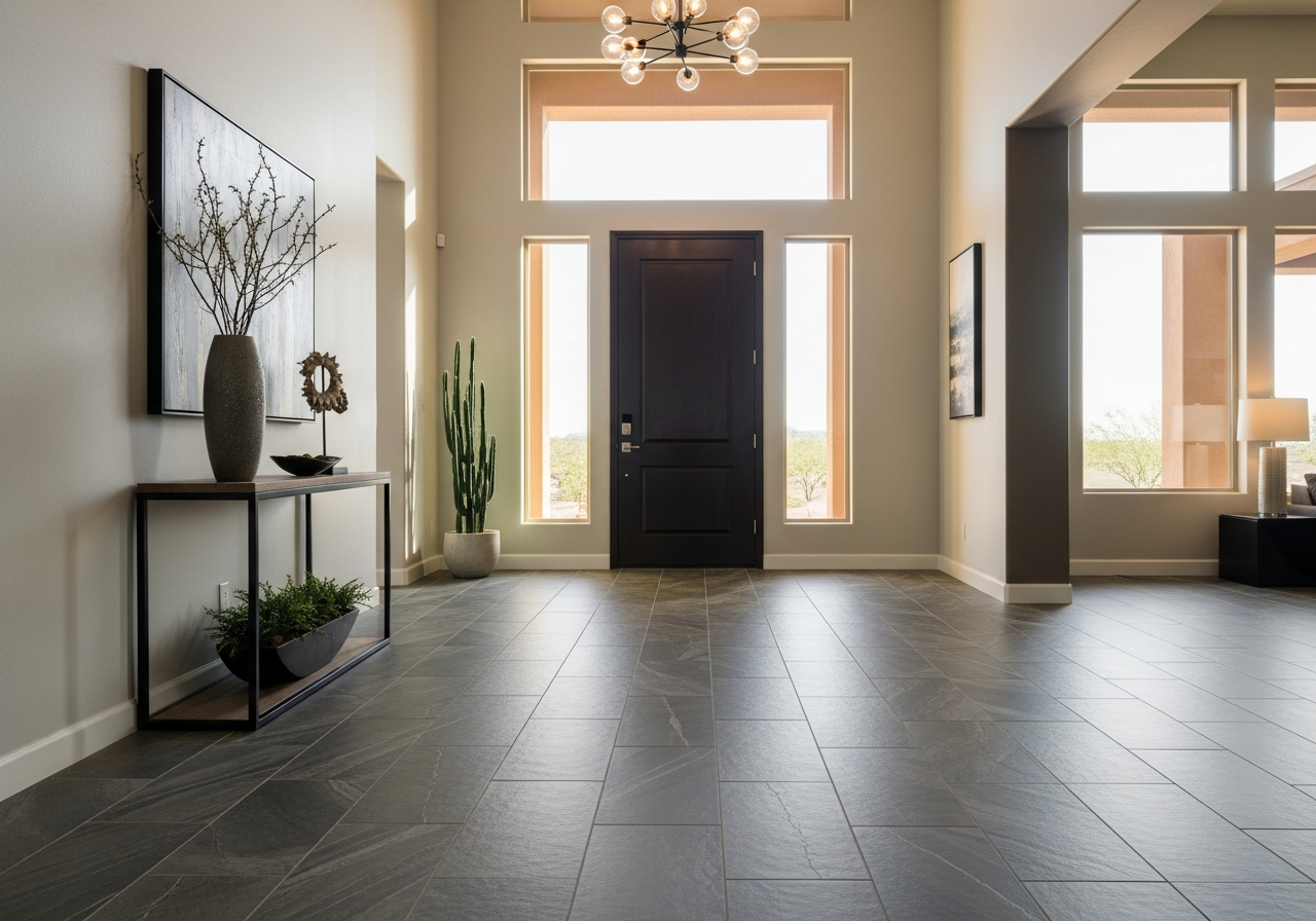 Luxury vinyl tile LVT stone look flooring installed in a modern foyer