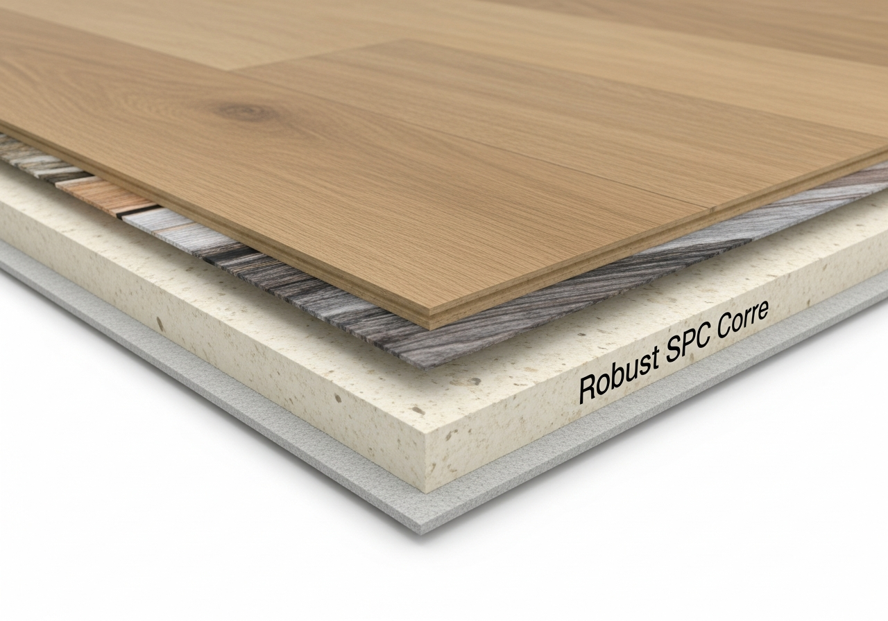 SPC stone plastic composite vinyl plank showing rigid limestone core cross-section