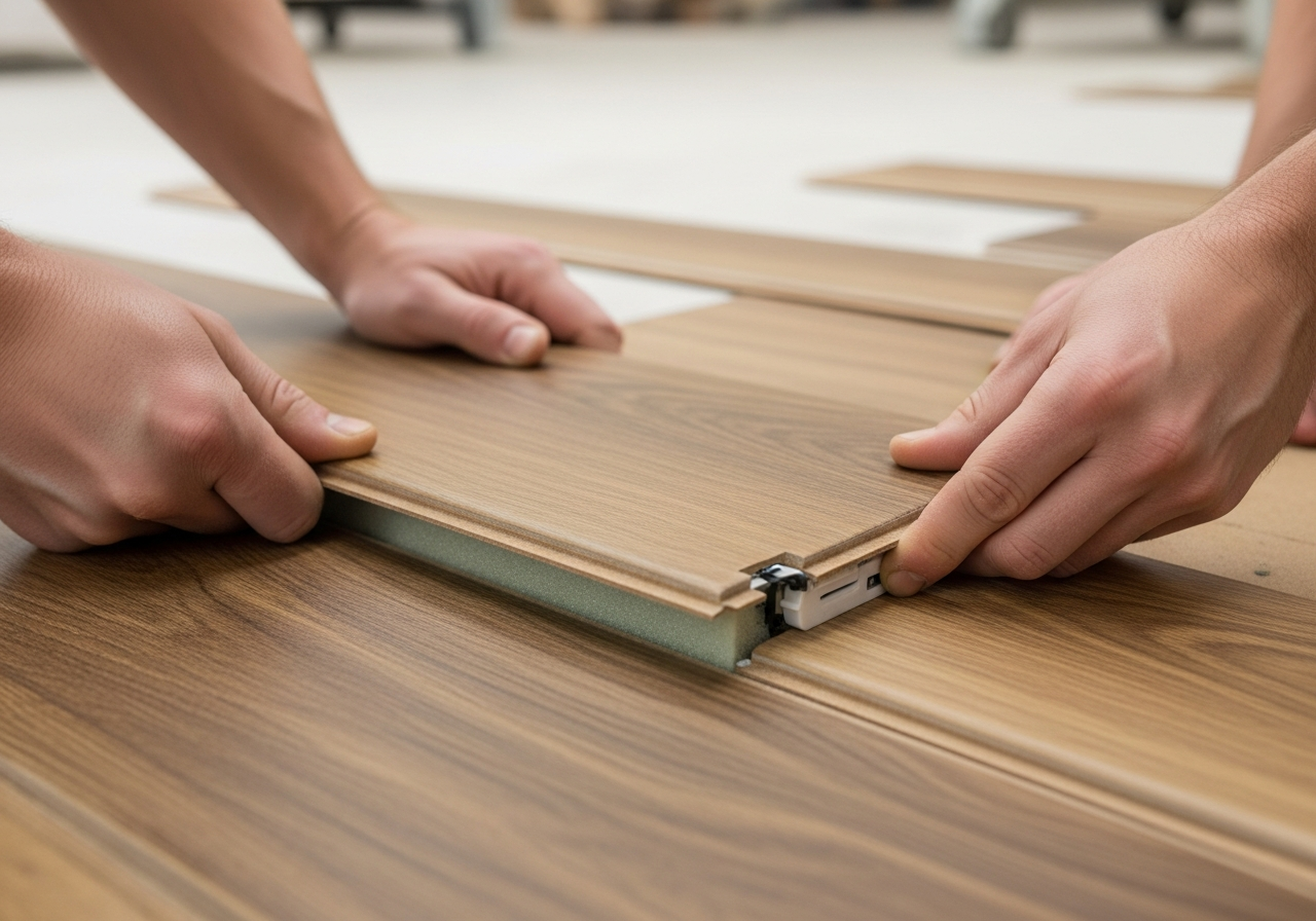 WPC wood plastic composite vinyl plank click-lock installation showing foam core