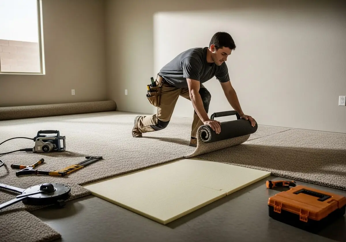 Carpet installer laying pad and carpet in a Phoenix home
