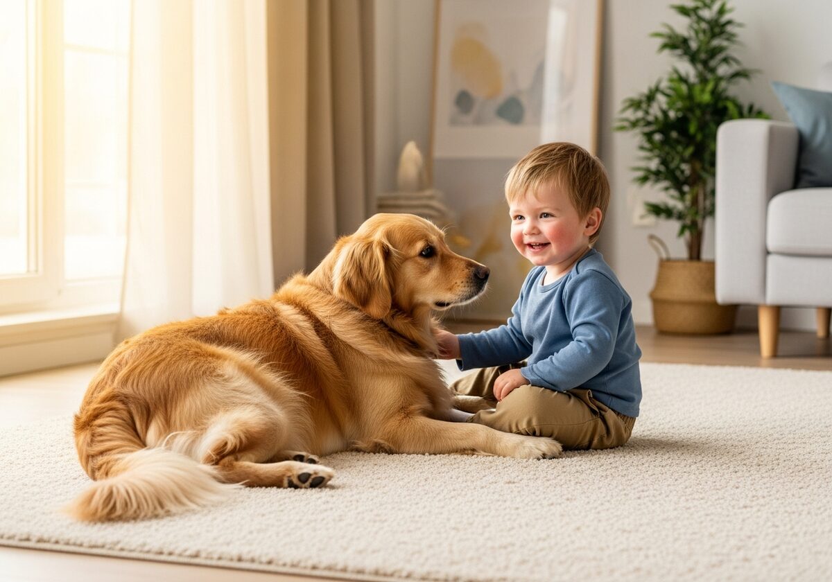 Pet and child on clean carpet