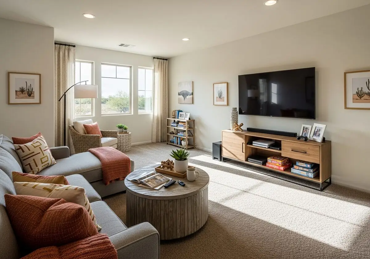 Family room with carpet and media center