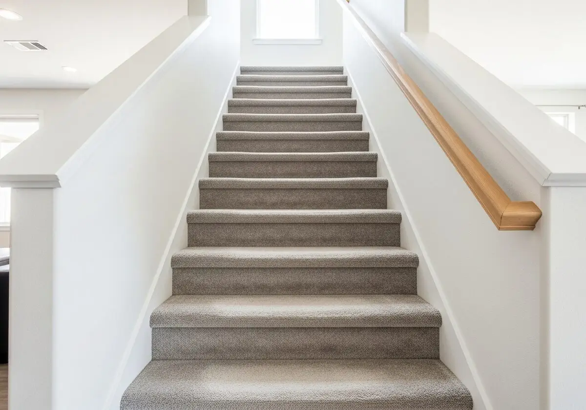 Carpeted staircase with clean wrapped treads
