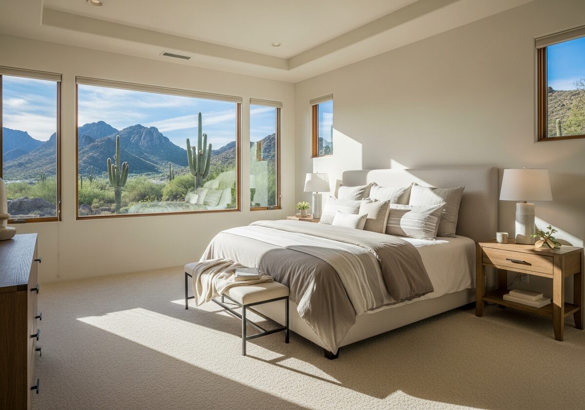 Beautiful Arizona master bedroom with plush carpet