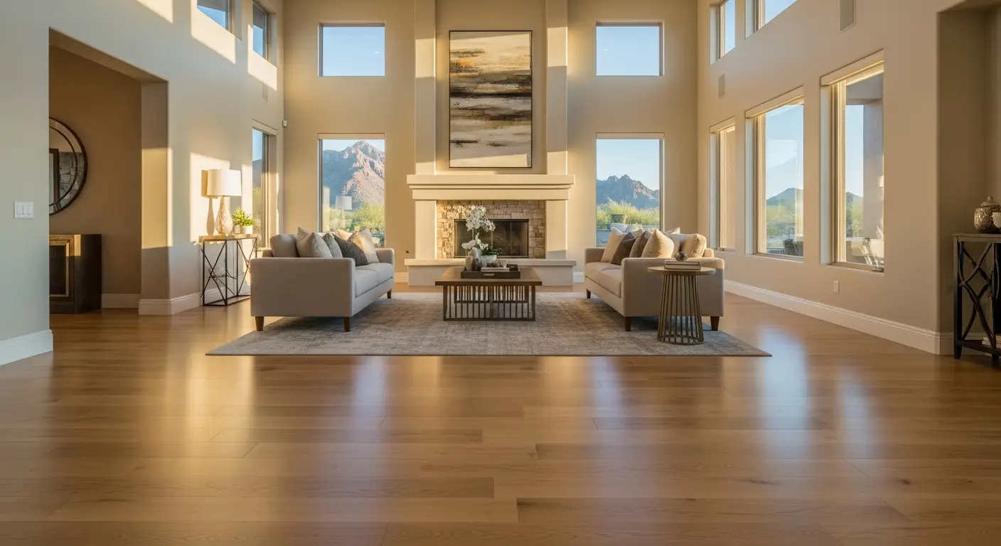 Open-concept great room and dining area with continuous wide-plank engineered hardwood flooring