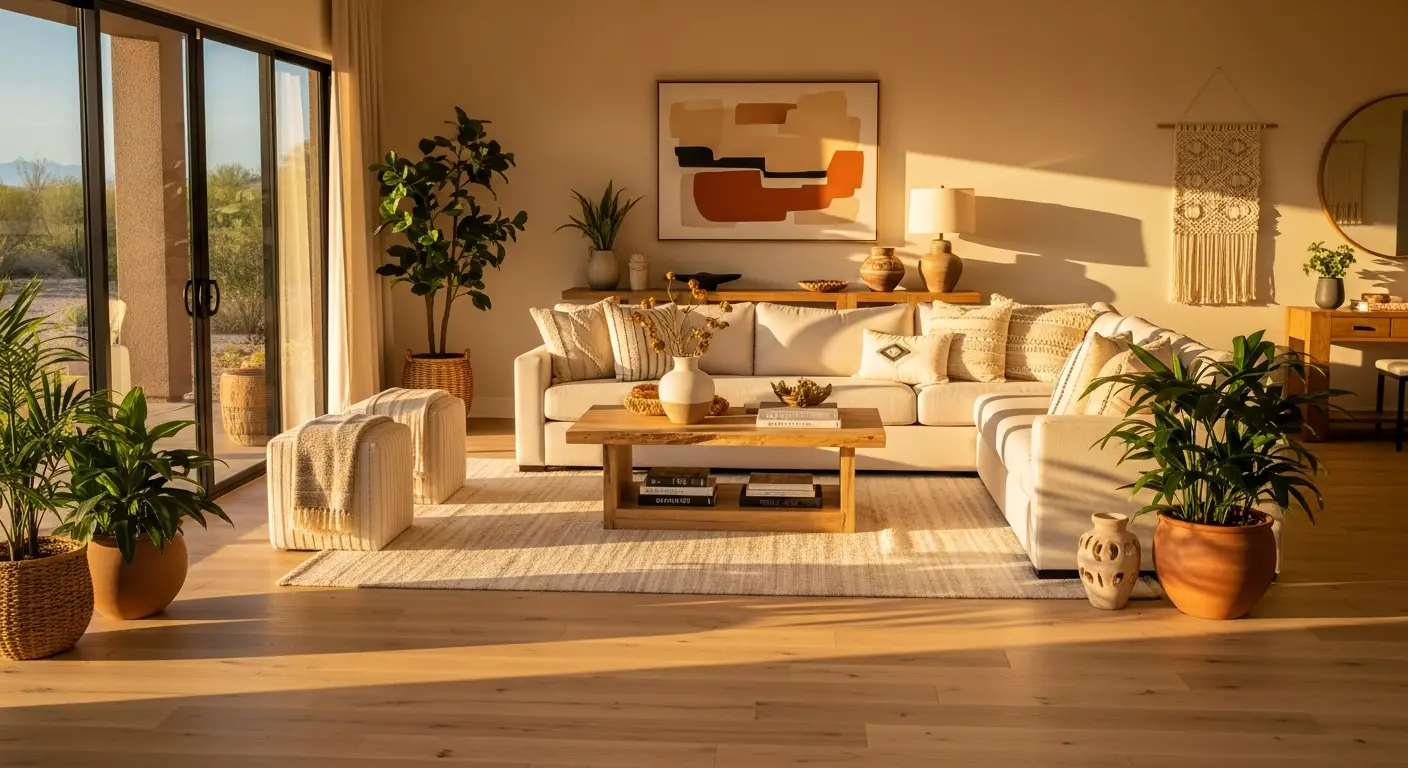 Sunlit Arizona living room with wide-plank engineered oak flooring