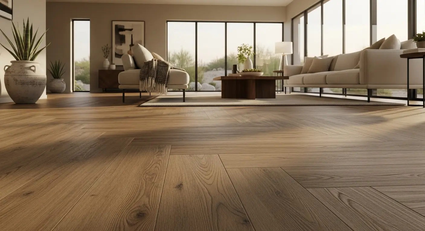 Premium wide-plank engineered hardwood in an upscale Arizona living room