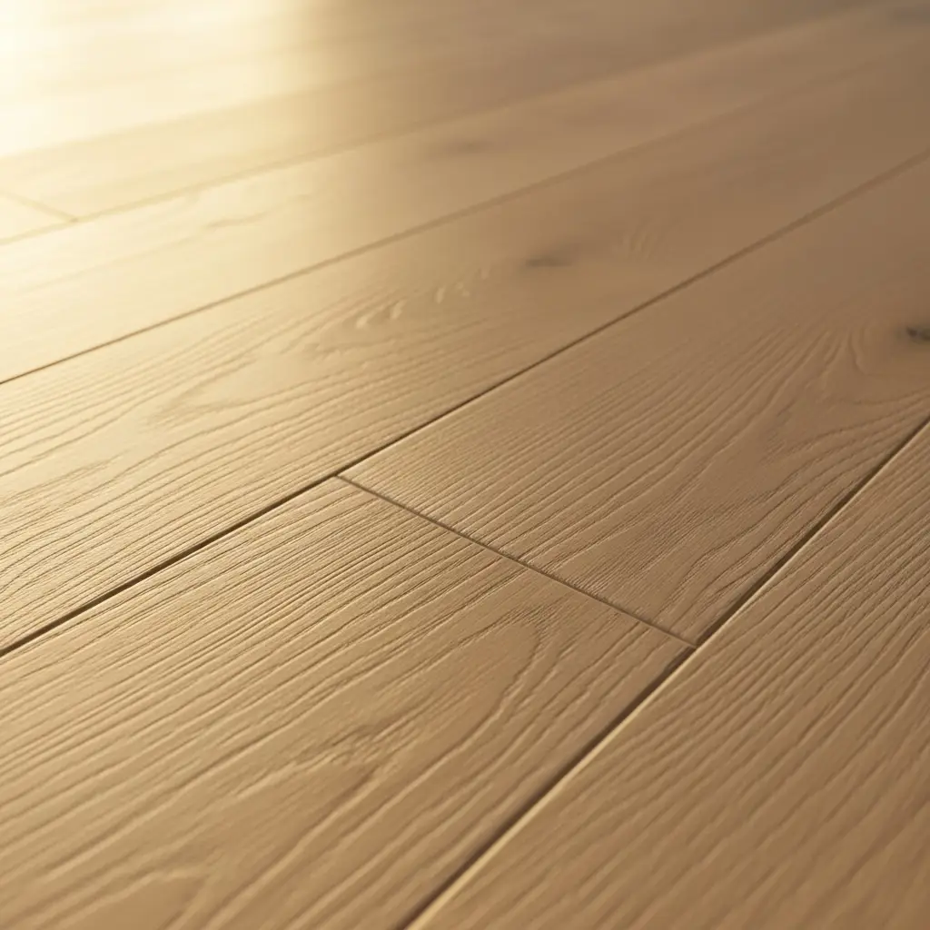 Close-up of wide-plank engineered white oak flooring showing plank width, grain and matte finish