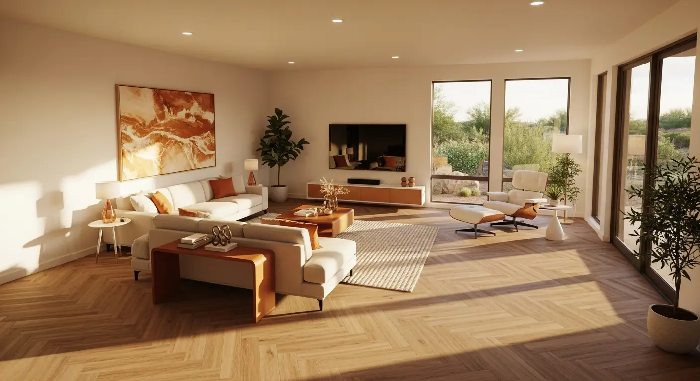 Open great room in a Phoenix metro home with wide-plank and herringbone engineered hardwood flooring