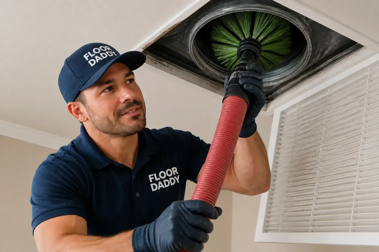 Floor Daddy technician cleaning a residential air duct vent