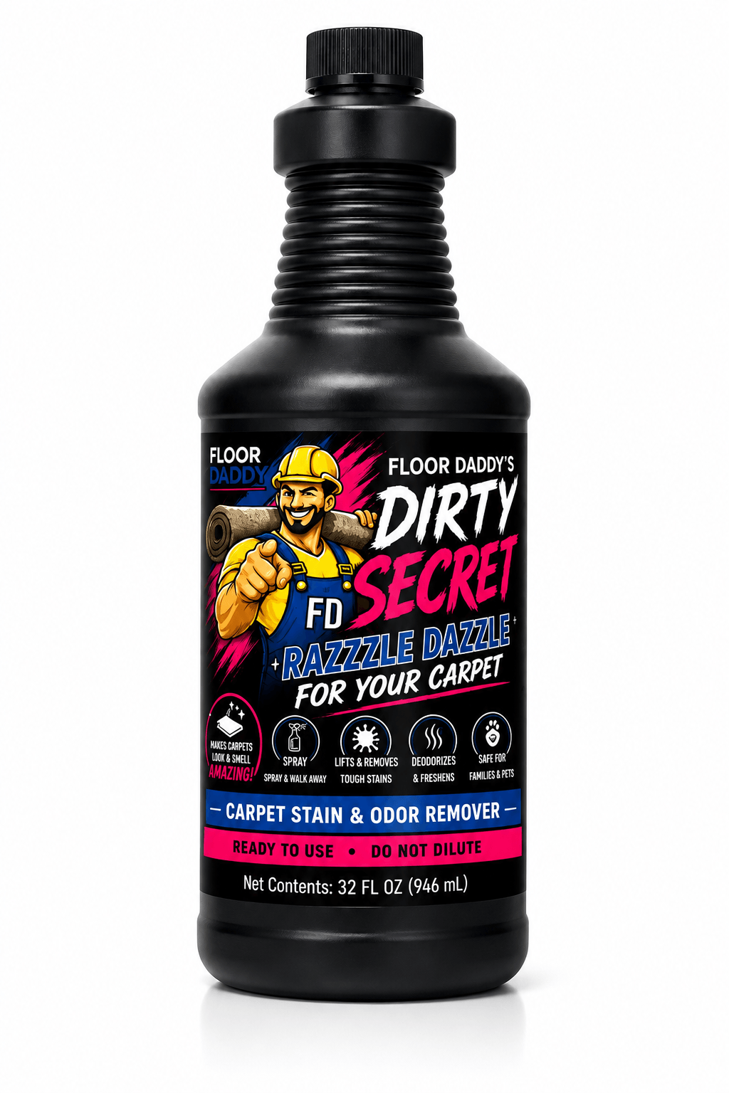 Dirty Secret carpet stain and odor remover in a black 32 fluid ounce bottle