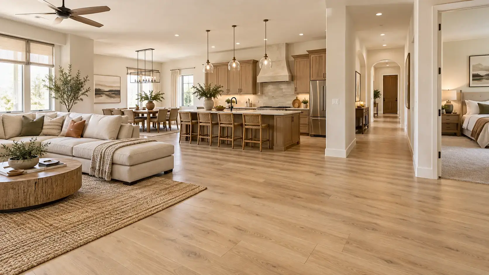Finished whole-home flooring flowing through a Phoenix-area living room, kitchen and hallway