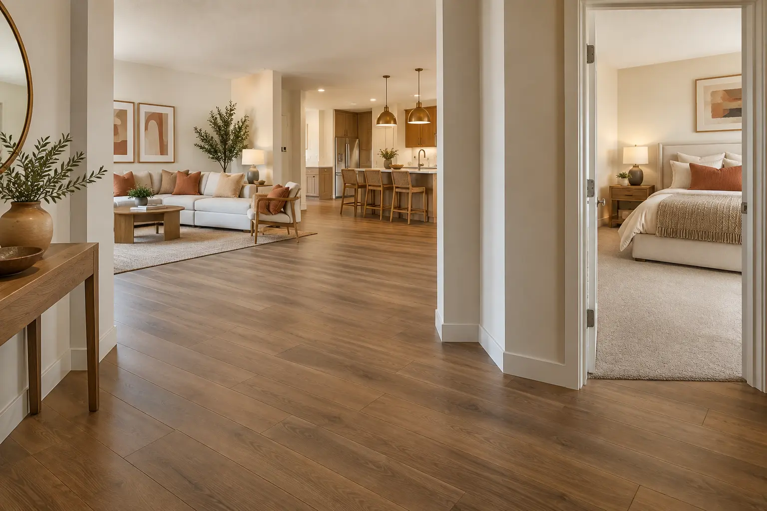 Coordinated plank and carpet flooring across connected rooms in a Phoenix-area home