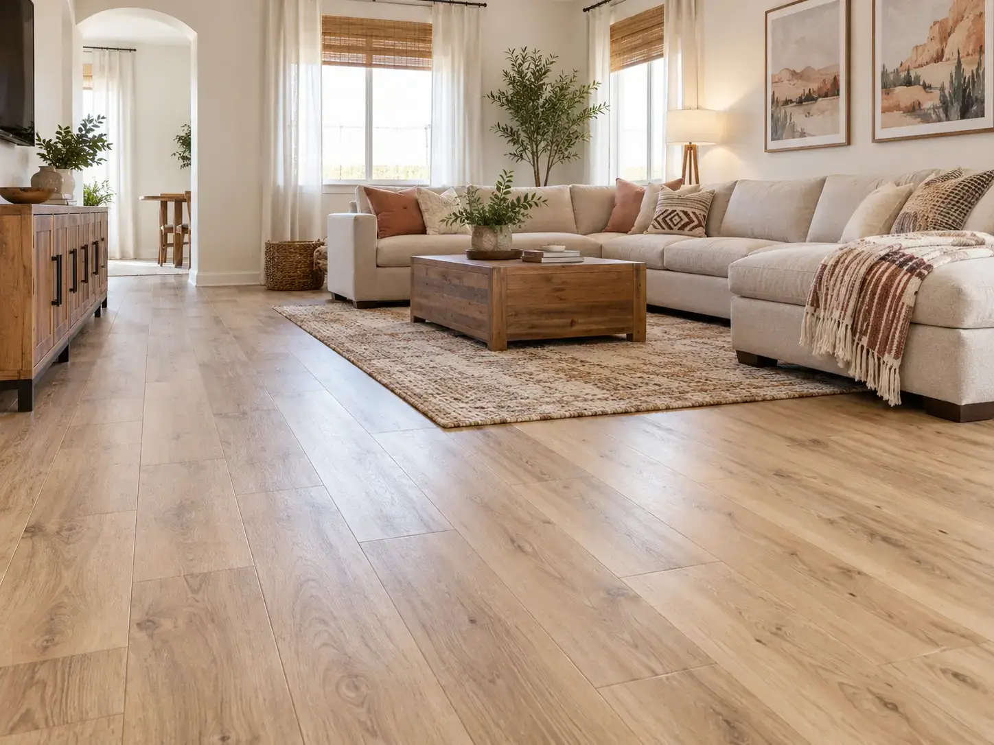 Light oak-look laminate flooring in a finished Arizona family room