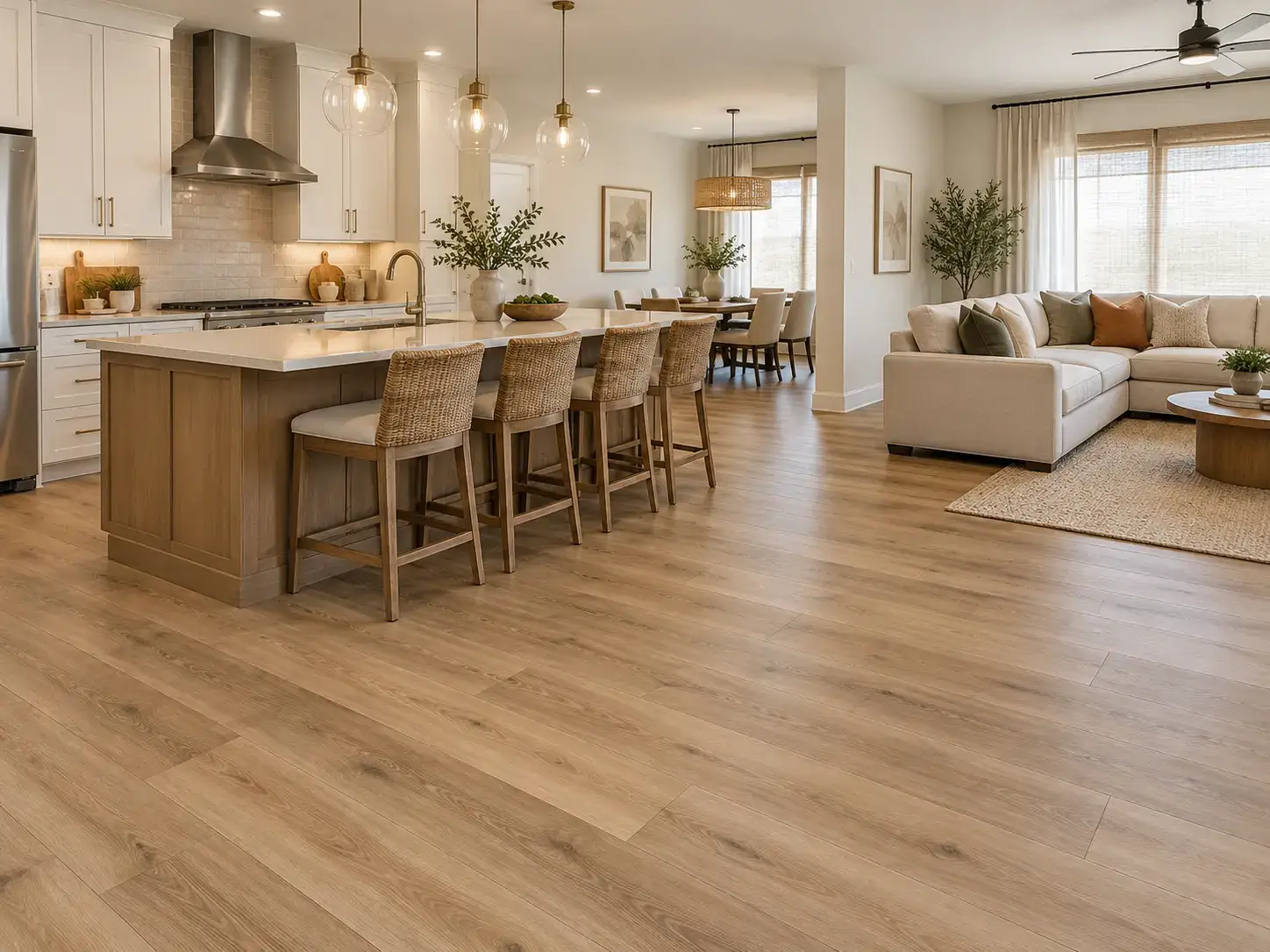Waterproof luxury vinyl plank flooring across a Phoenix kitchen and great room