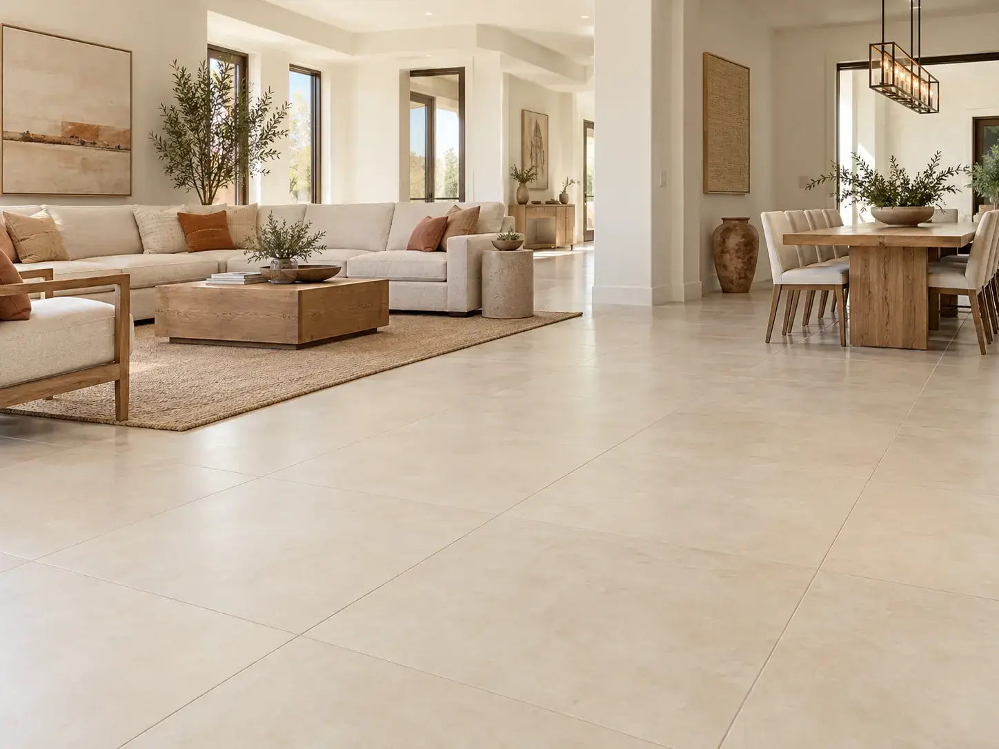 Large-format porcelain tile flooring in a finished Phoenix-area great room