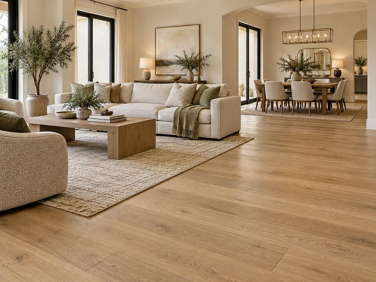 Wide-plank engineered hardwood in a finished Arizona living and dining room