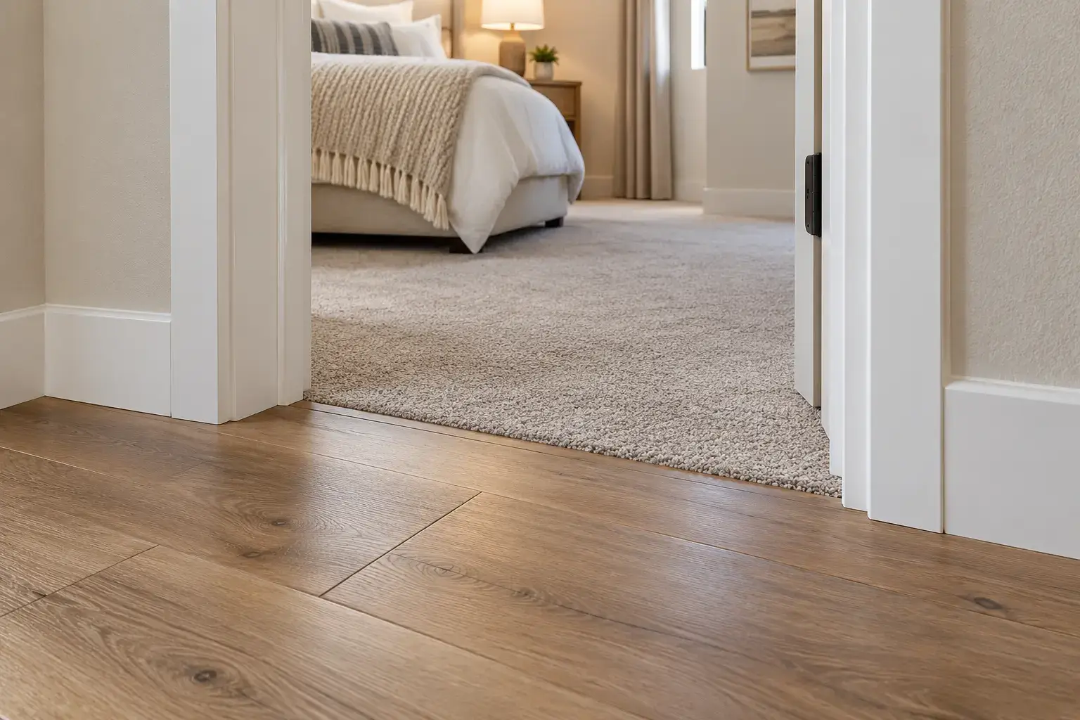 Clean transition from plank flooring to carpet with finished baseboards