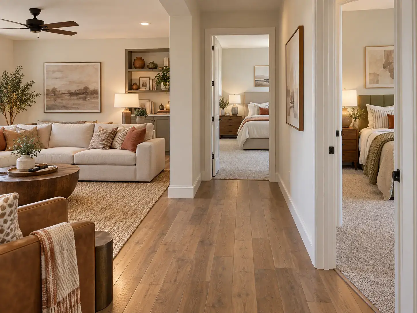 Coordinated flooring across a family room, hallway and bedrooms