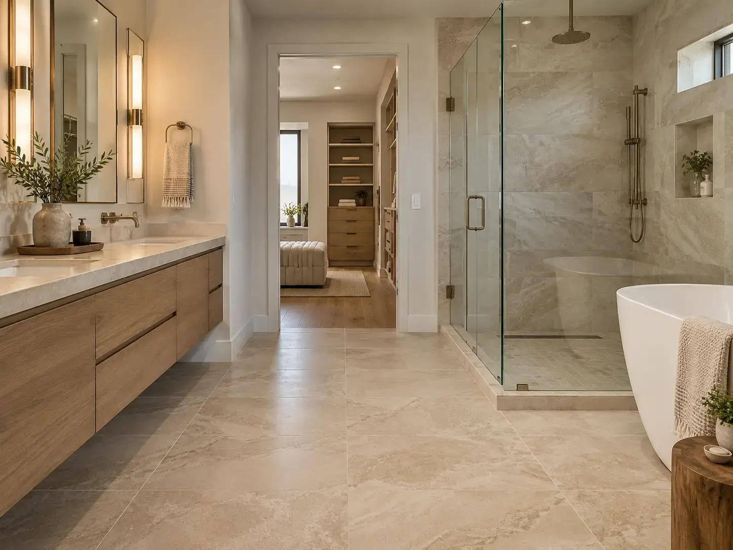 Finished bathroom remodel with large-format tile and coordinated flooring