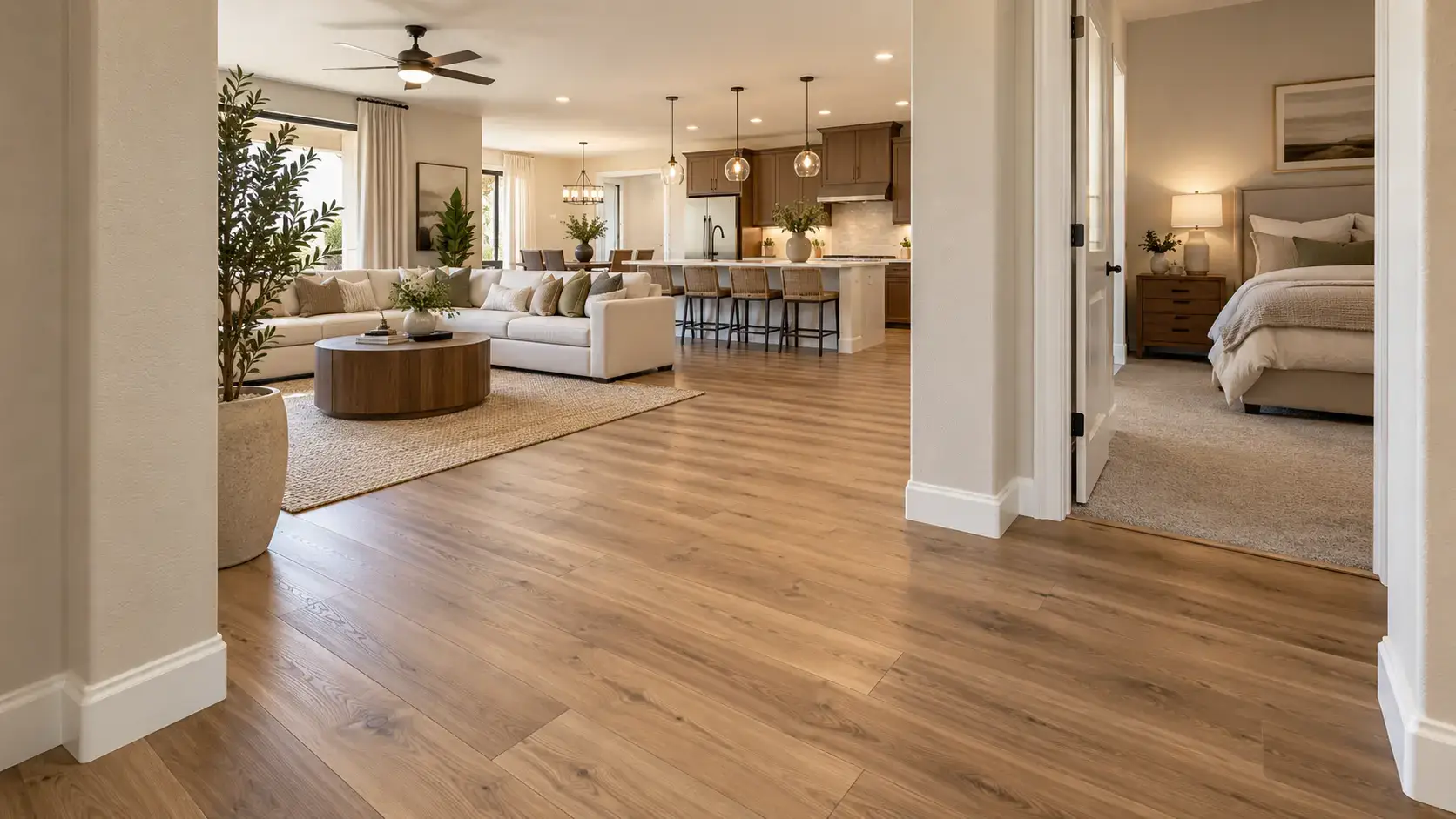 Completed whole-home flooring installation with clean room-to-room transitions