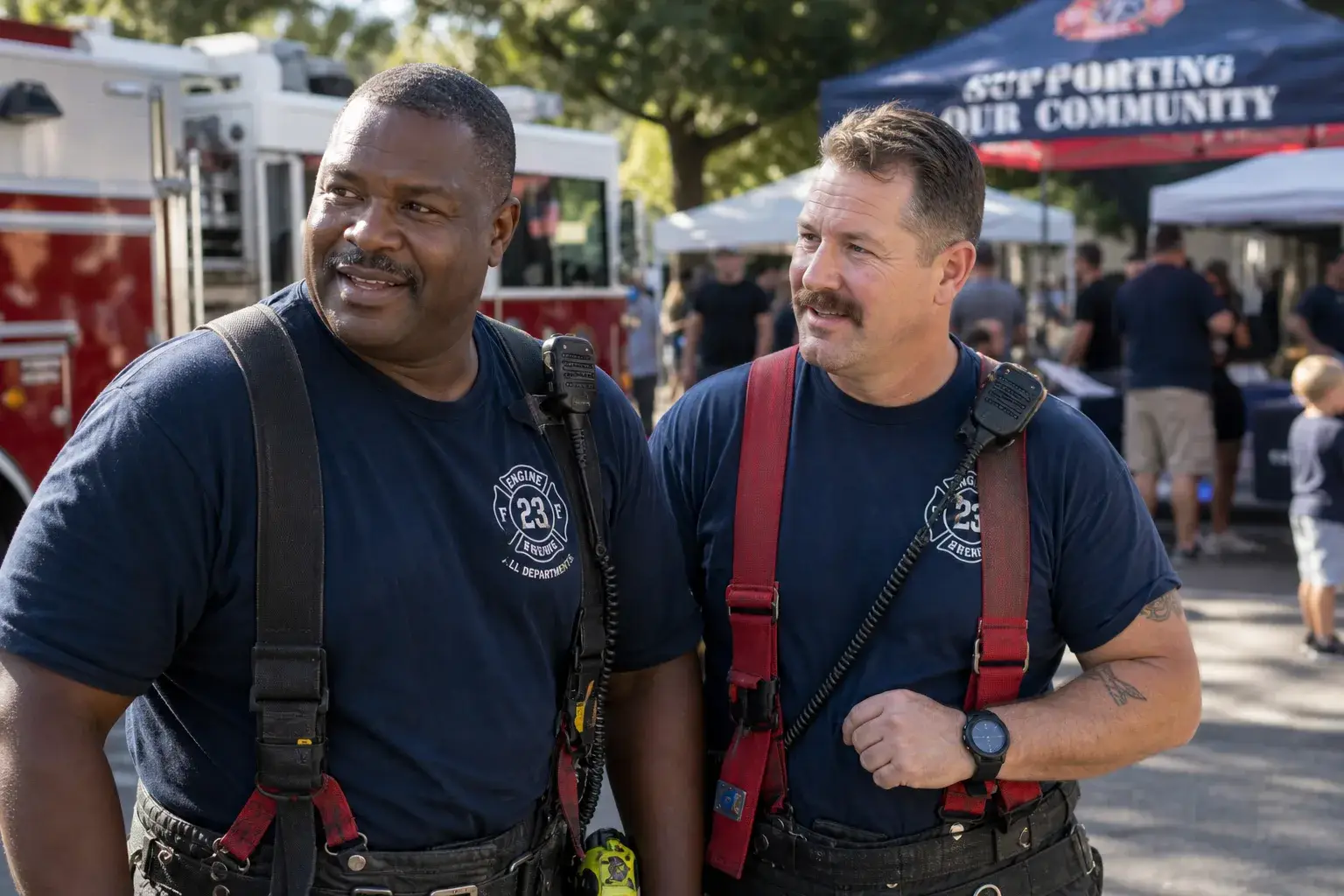 Two firefighters smiling at a community event