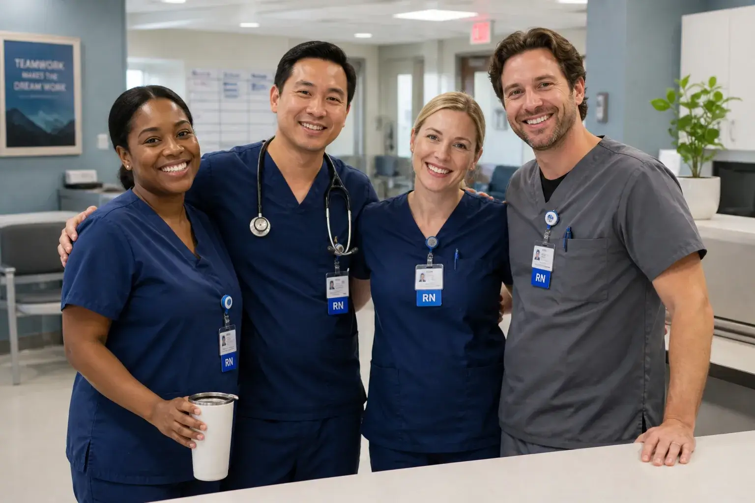 Smiling healthcare workers in scrubs at a hospital