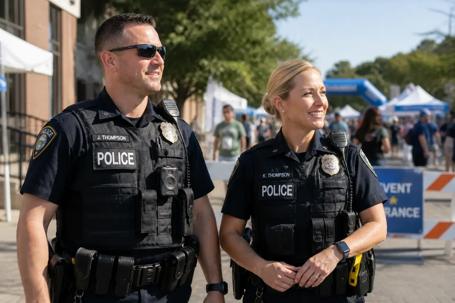 Two police officers smiling on duty in the community