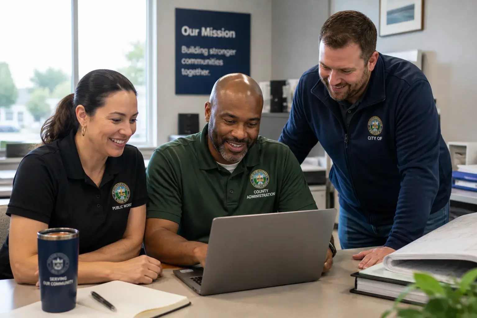 Public service workers collaborating in a government office