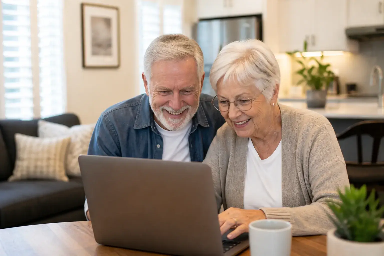 Happy senior couple smiling together at home