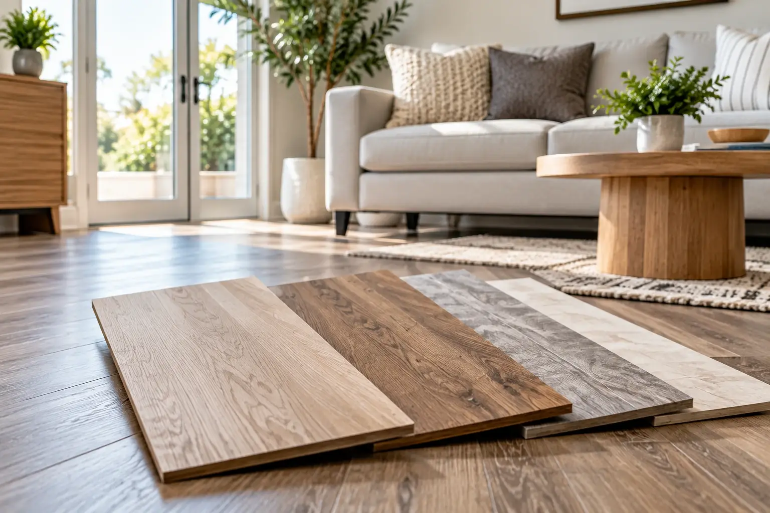 Flooring samples displayed inside a Phoenix home for an in-home flooring estimate