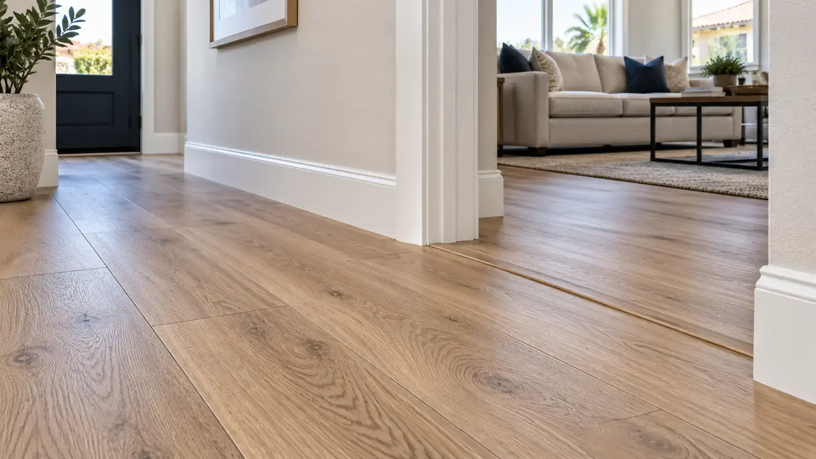 Finished vinyl plank flooring transition and white baseboards