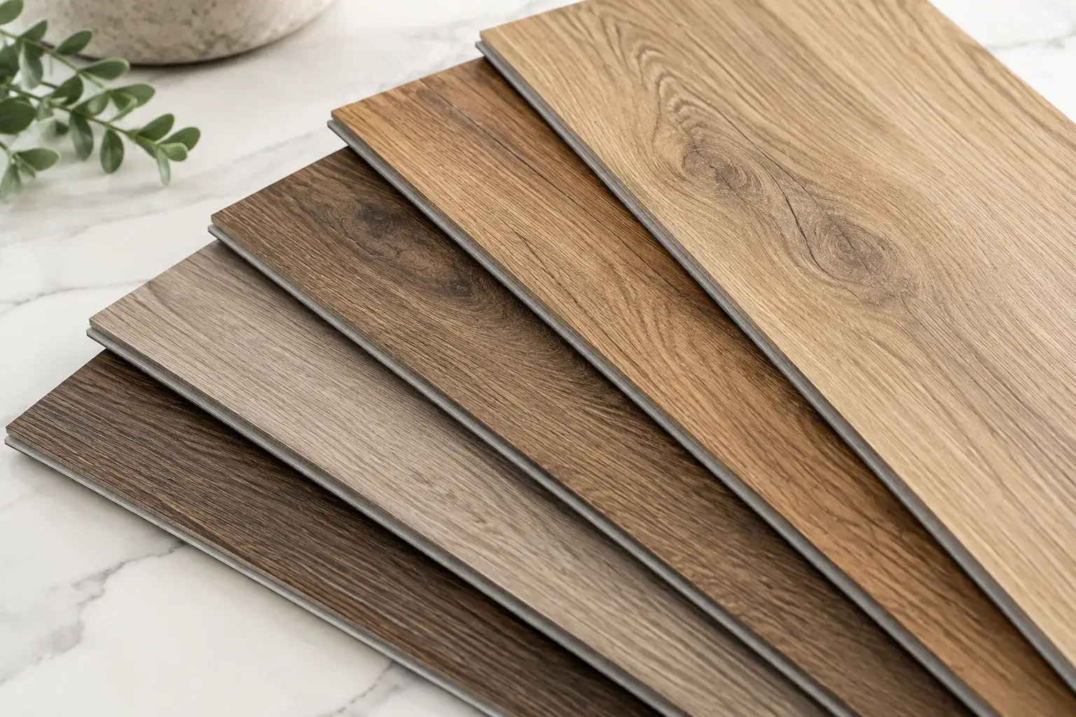 Luxury vinyl plank samples in several wood tones