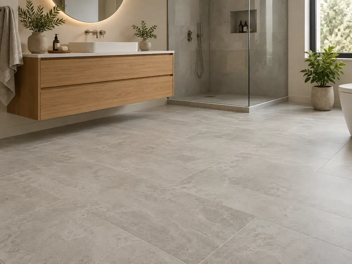Stone-look luxury vinyl tile meeting the wall, baseboard and shower threshold in a finished bathroom